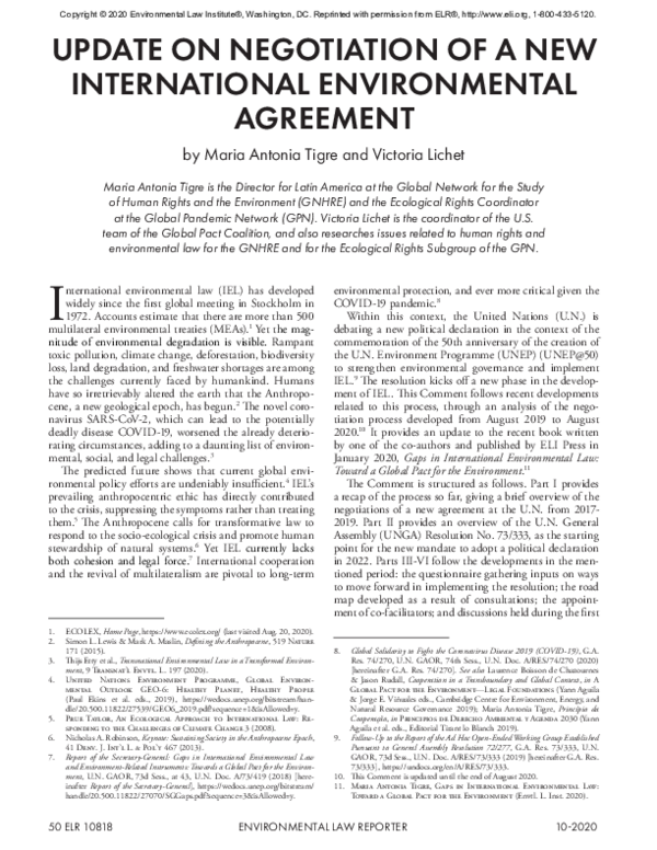 (PDF) UPDATE ON NEGOTIATION OF A NEW INTERNATIONAL ENVIRONMENTAL AGREEMENT