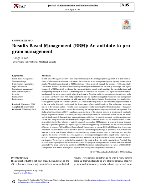 (PDF) Results Based Management (RBM): An antidote to pro- gram management