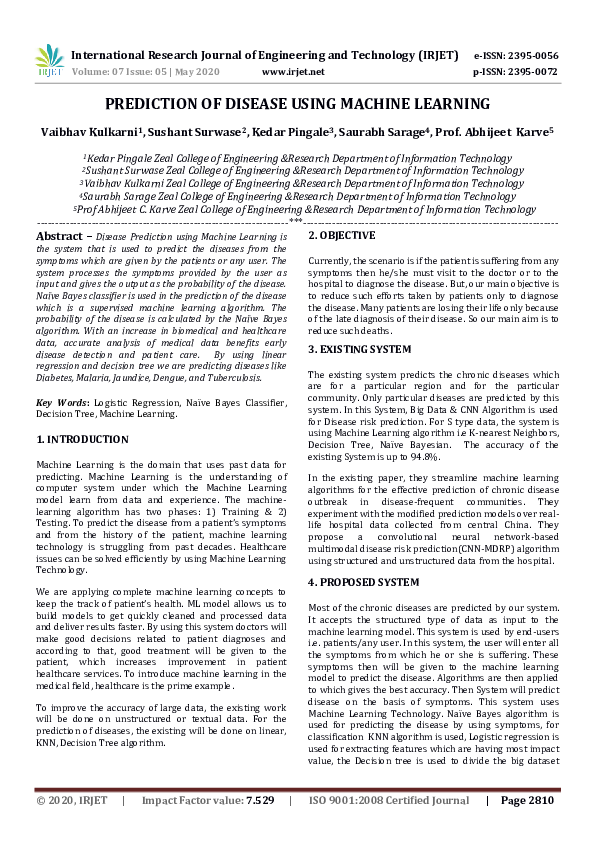 (PDF) IRJET- PREDICTION OF DISEASE USING MACHINE LEARNING