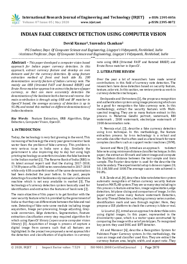 (PDF) IRJET INDIAN FAKE CURRENCY DETECTION USING COMPUTER VISION