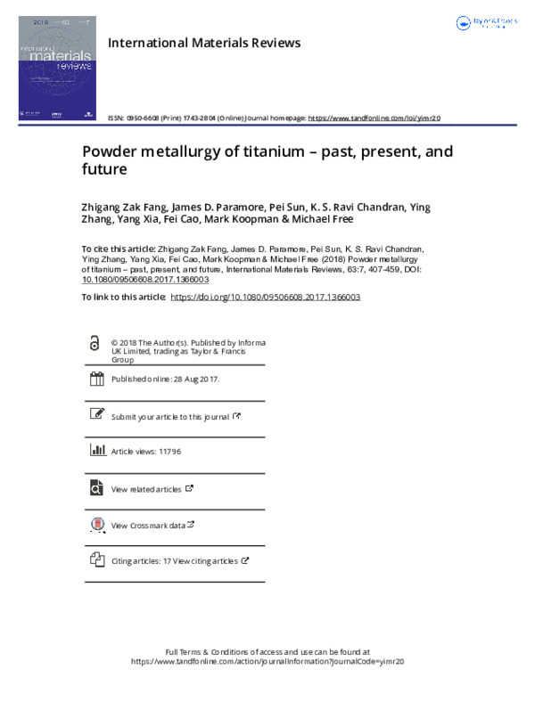 (PDF) Powder metallurgy of titanium -past, present, and future