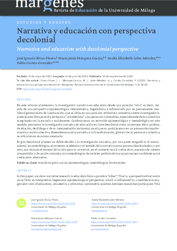 Narrativa y educación con perspectiva decolonial