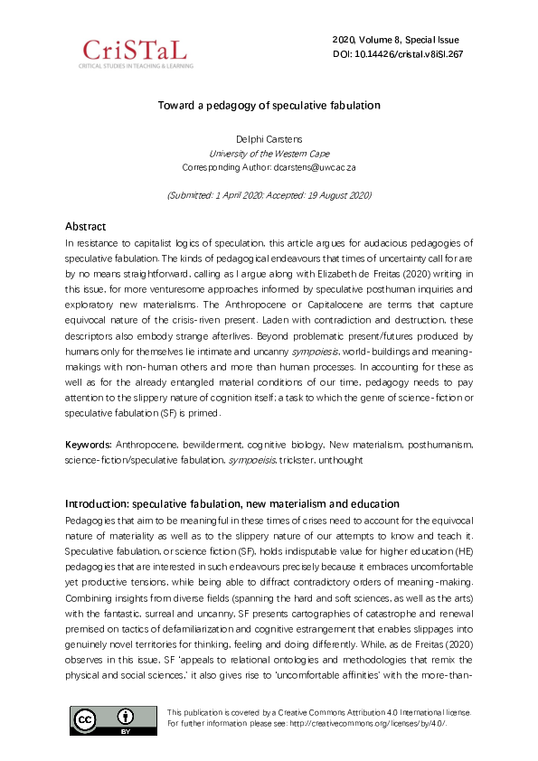 (PDF) Toward a pedagogy of speculative fabulation delphi carstens