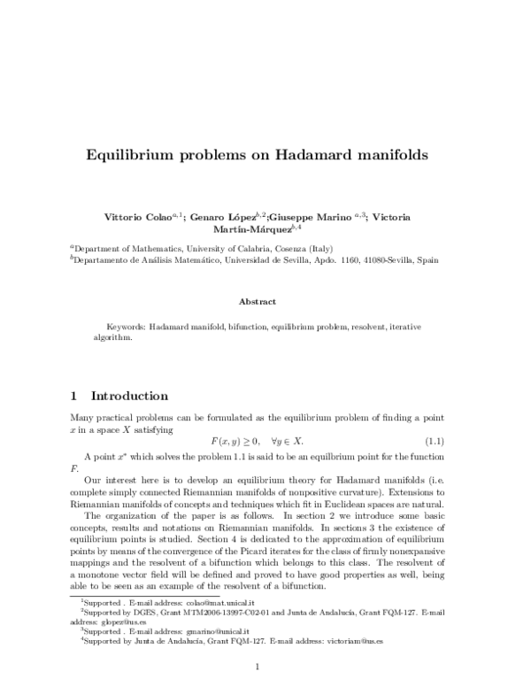 (PDF) Equilibrium problems on Hadamard manifolds