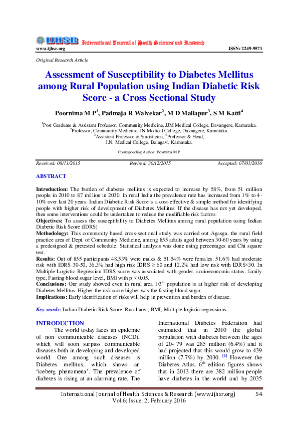 (PDF) Assessment of Susceptibility to Diabetes Mellitus among Rural ...