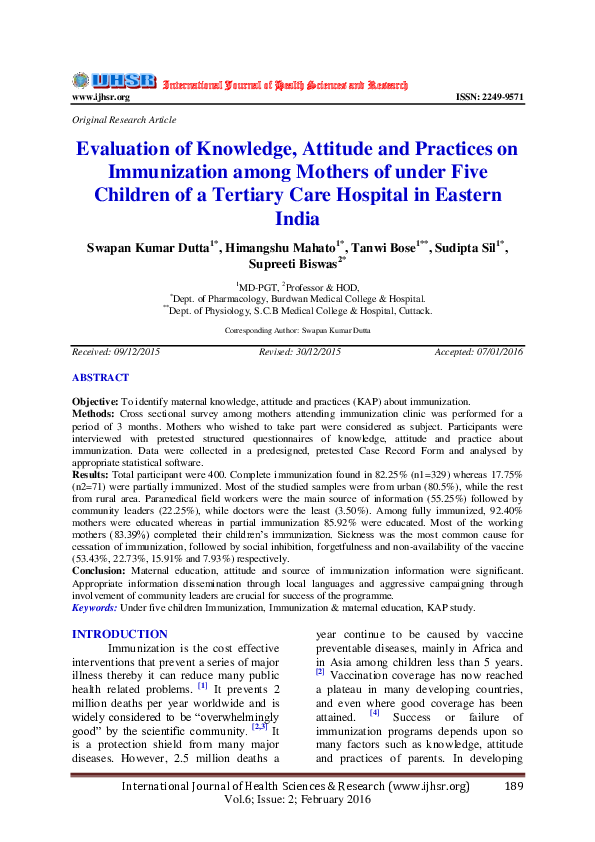 (PDF) Evaluation of Knowledge, Attitude and Practices on Immunization ...