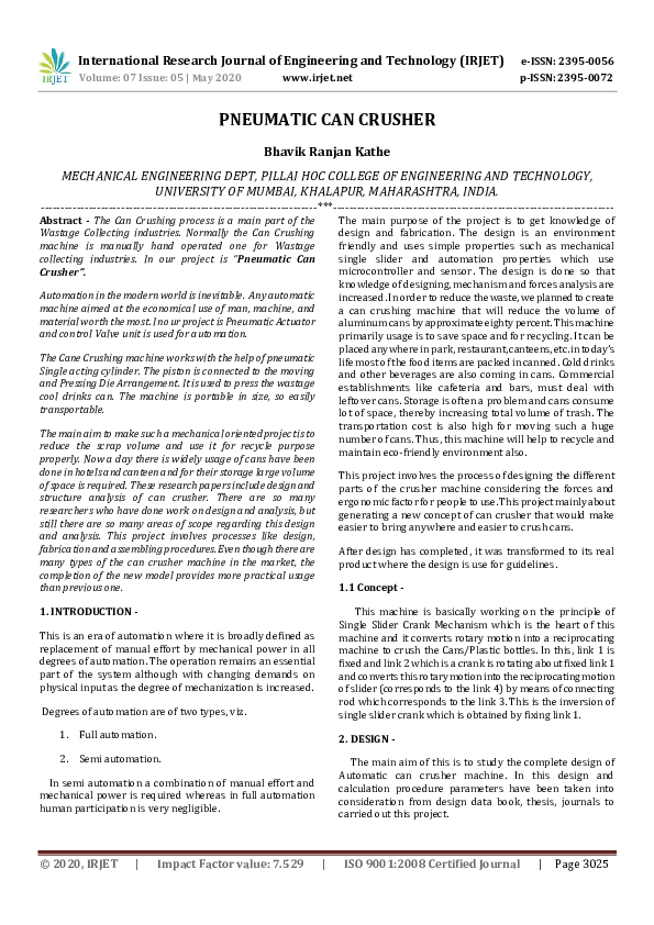 (PDF) IRJET PNEUMATIC CAN CRUSHER IRJET Journal Academia.edu