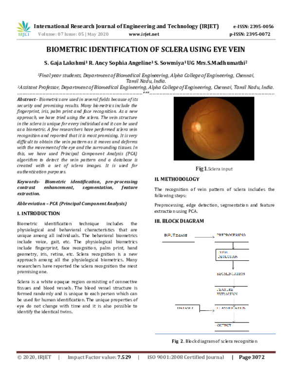 (PDF) IRJET- BIOMETRIC IDENTIFICATION OF SCLERA USING EYE VEIN