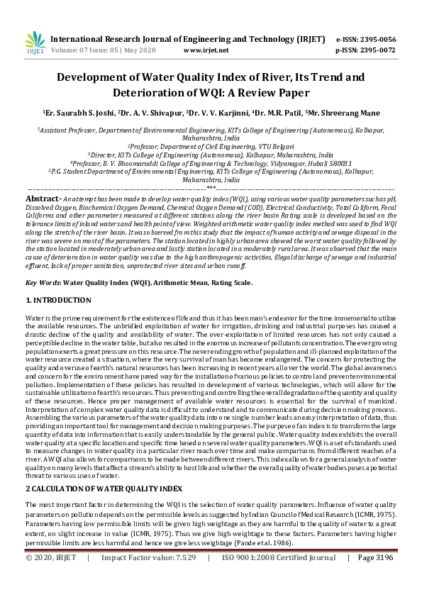 (PDF) IRJET- Development of Water Quality Index of River, Its Trend and ...