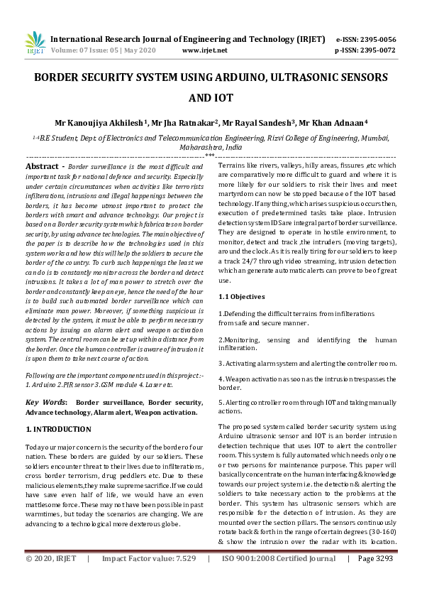 (PDF) BORDER SECURITY SYSTEM USING ARDUINO, ULTRASONIC SENSORS AND IOT