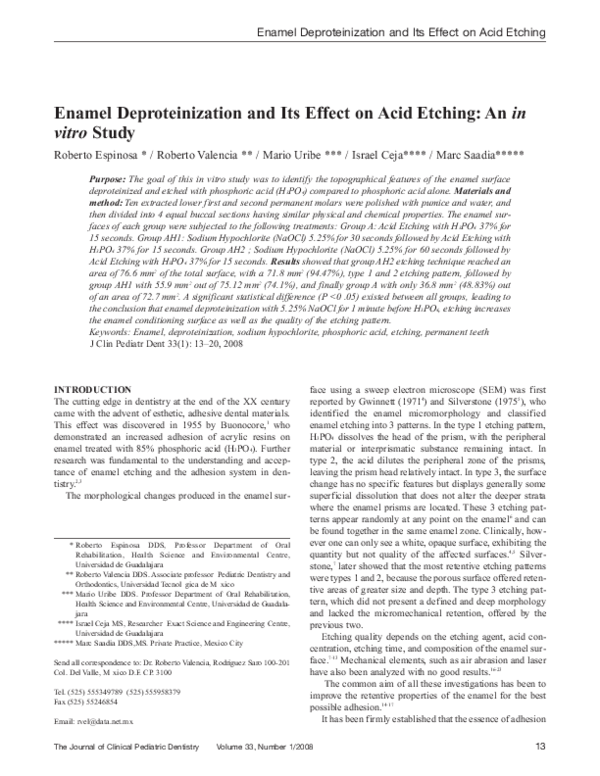 (PDF) Enamel Deproteinization and Its Effect on Acid Etching