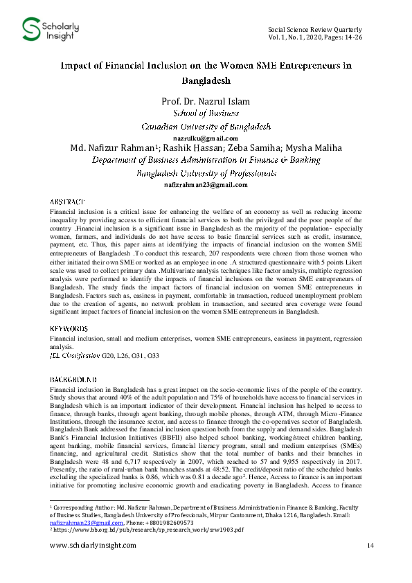 (PDF) Impact of Financial Inclusion on the Women SME Entrepreneurs in ...