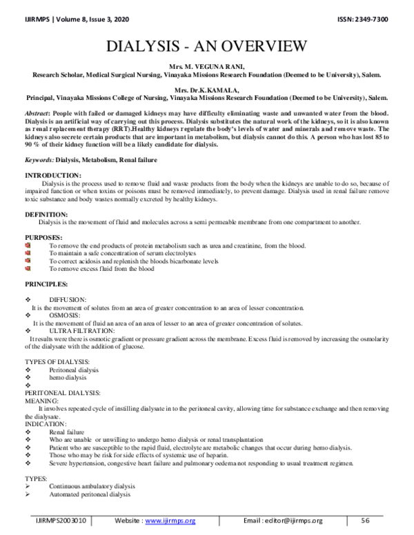 (PDF) Dialysis An Overview IJIRMPS International Journal Academia.edu