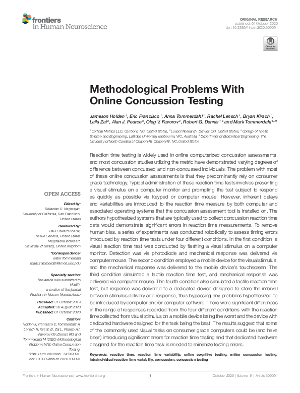 (PDF) Methodological problems with online concussion testing Alan