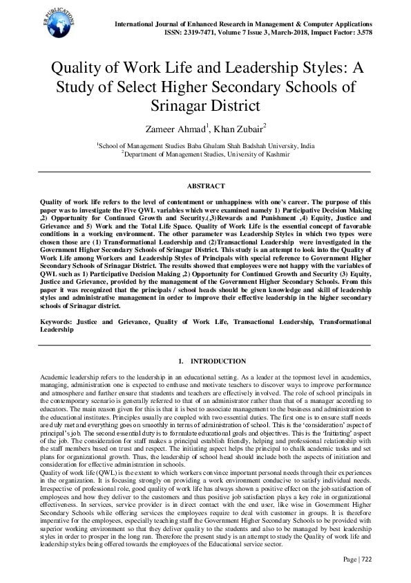 (PDF) Quality of Work Life and Leadership Styles: A Study of Select ...