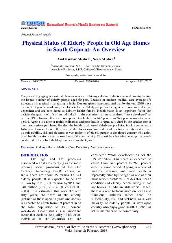 (PDF) Physical Status of Elderly People in Old Age Homes in South ...