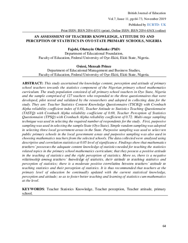 (PDF) AN ASSESSMENT OF TEACHERS KNOWLEDGE, ATTITUDE TO AND PERCEPTION ...