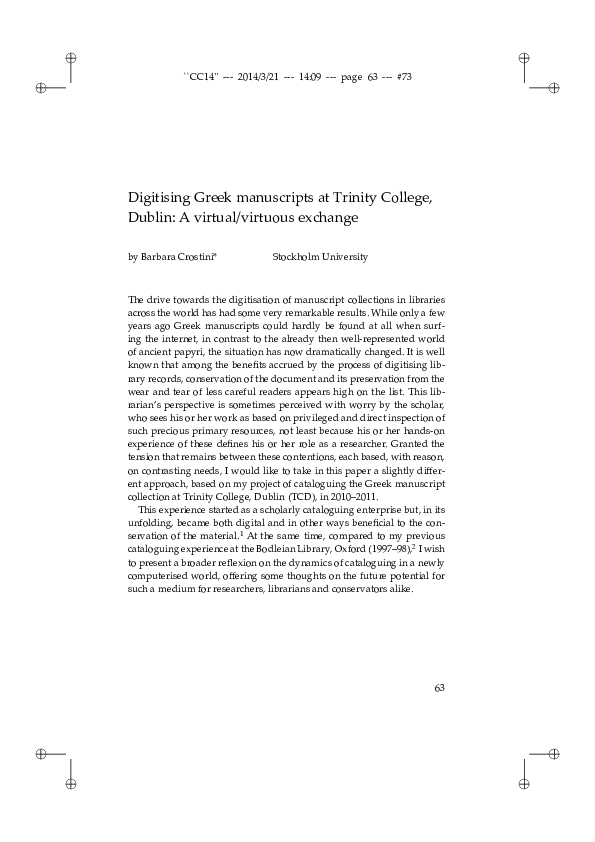 (PDF) Digitising Greek manuscripts at Trinity College, Dublin: A ...
