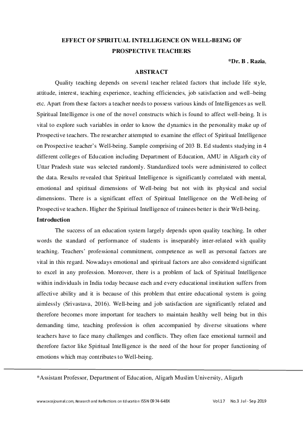 (PDF) EFFECT OF SPIRITUAL INTELLIGENCE ON WELL-BEING OF PROSPECTIVE ...