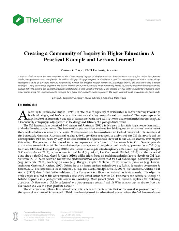 (PDF) Creating a Community of Inquiry in Higher Education: A Practical ...
