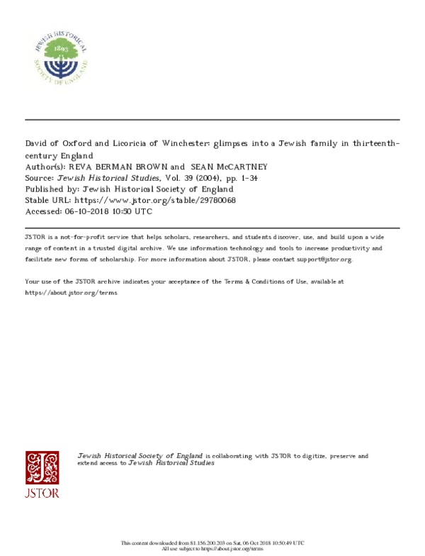 David of Oxford and Licoricia of Winchester: glimpses into a Jewish family in thirteenth-century England
