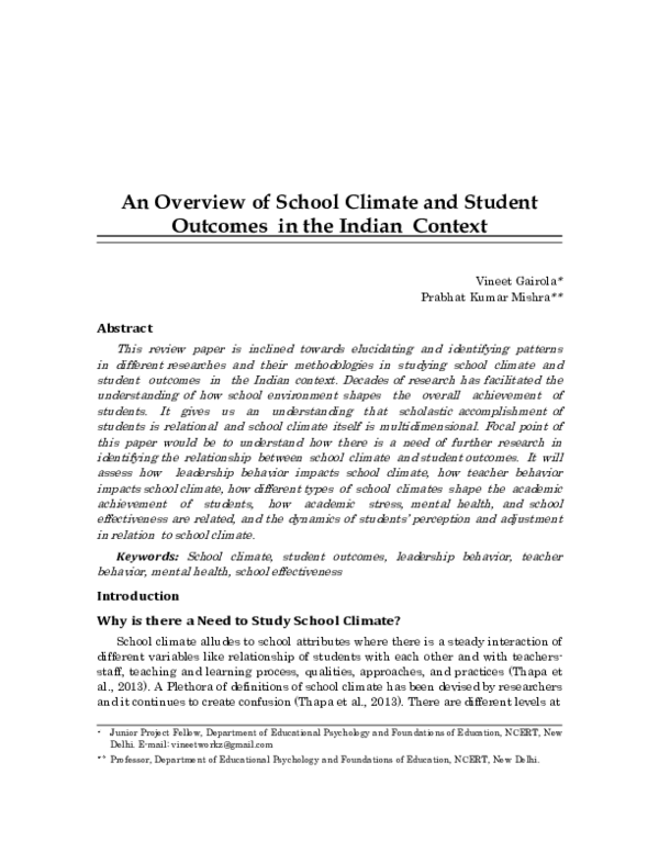 (PDF) An Overview of School Climate and Student Outcomes in the Indian ...