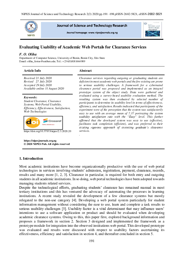 (PDF) Evaluating Usability of Academic Web Portals for Clearance Services
