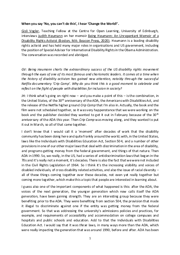 (PDF) Interview with Judith Heumann on Being Heumann An Unrepentant