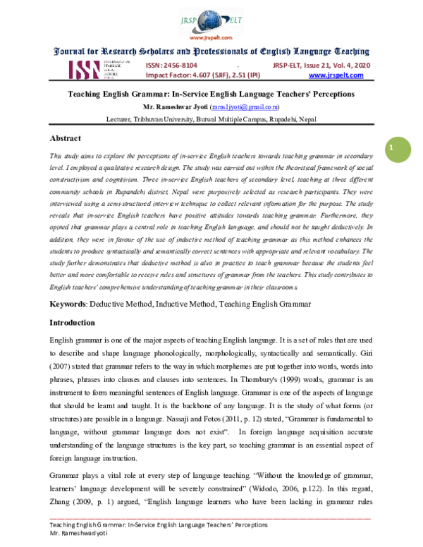 (PDF) Teaching English Grammar: In-Service English Language Teachers ...