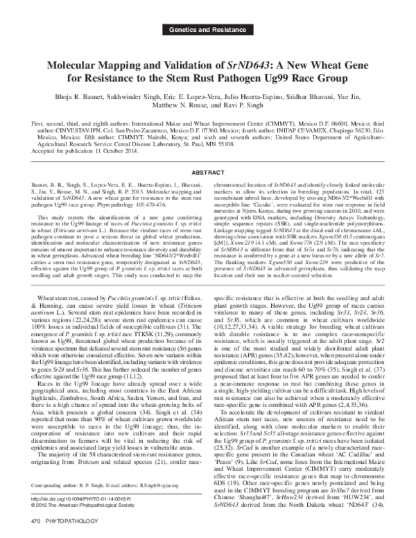 (PDF) Molecular Mapping and Validation of SrND643: A New Wheat Gene for ...