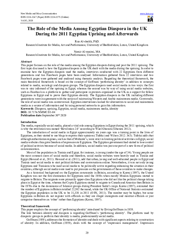 (PDF) The role of the media among Egyptian diaspora in the UK during ...