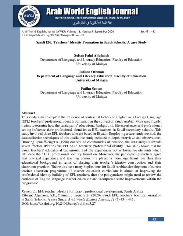 (PDF) Saudi EFL Teachers' Identity Formation in Saudi Schools: A case Study