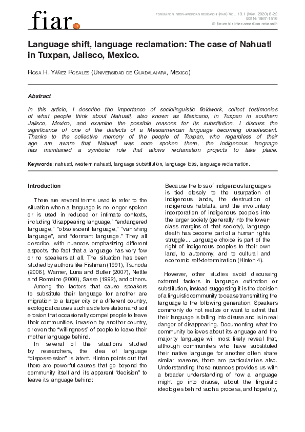 (PDF) Language shift, language reclamation The case of Nahuatl in