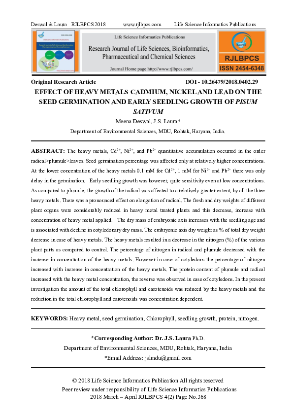 (PDF) EFFECT OF HEAVY METALS CADMIUM, NICKEL AND LEAD ON THE SEED ...