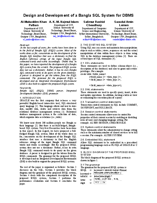(PDF) Design and Development of a Bangla SQL System for DBMS