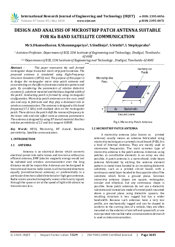 (PDF) IRJET- DESIGN AND ANALYSIS OF MICROSTRIP PATCH ANTENNA SUITABLE ...