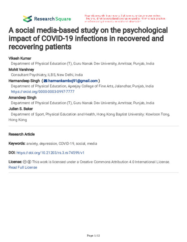 (PDF) A social media-based study on the psychological impact of COVID ...