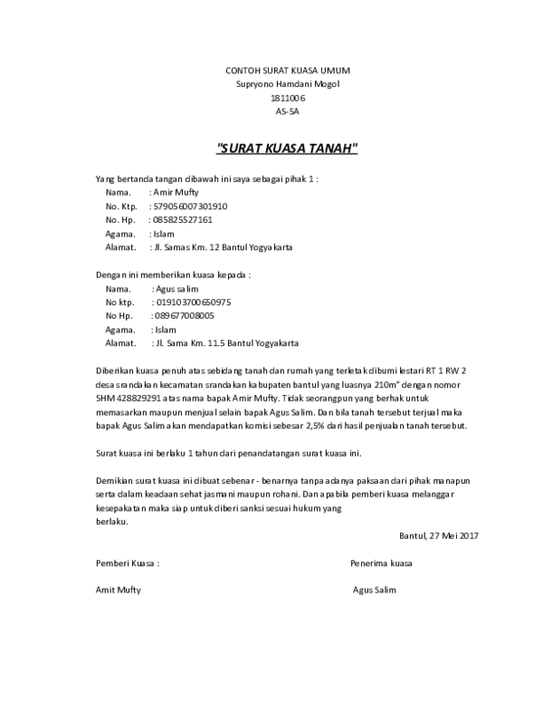 (DOC) CONTOH SURAT KUASA UMUM "SURAT KUASA TANAH" | Supryono Mgl