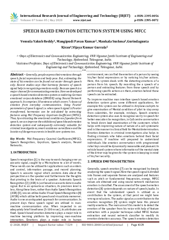 (PDF) IRJET- SPEECH BASED EMOTION DETECTION SYSTEM USING MFCC