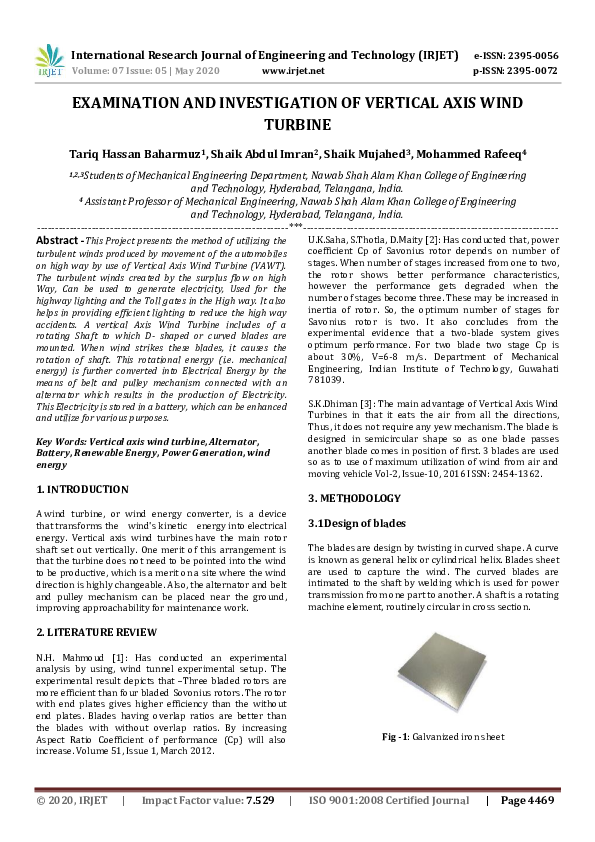 (PDF) IRJET- EXAMINATION AND INVESTIGATION OF VERTICAL AXIS WIND TURBINE