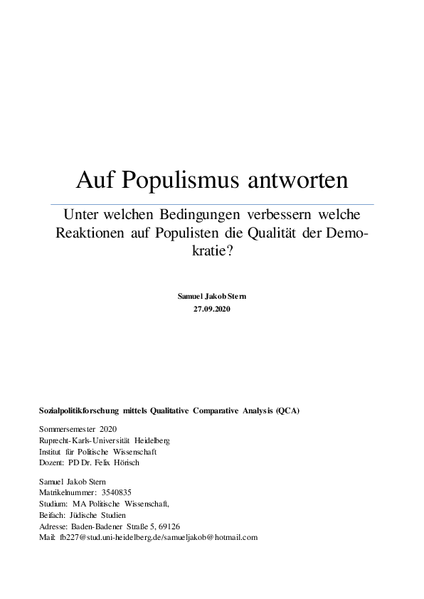 (PDF) Auf Populismus antworten Unter welchen Bedingungen verbessern ...