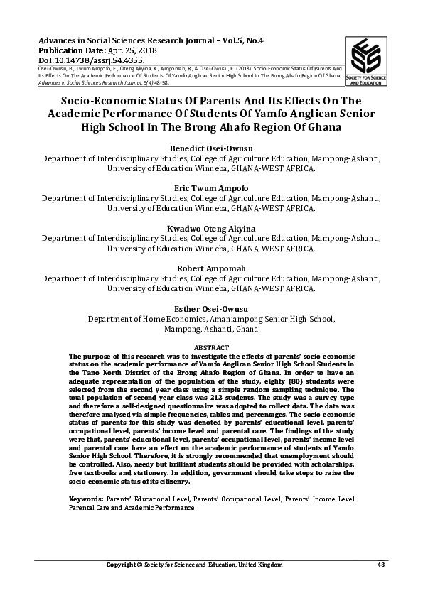 (PDF) Socio-Economic Status Of Parents And Its Effects On The Academic ...