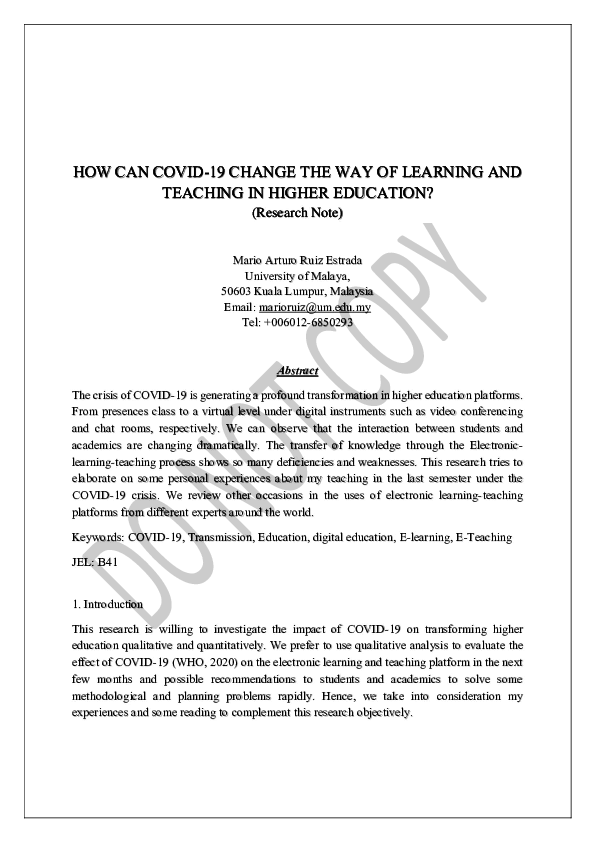 (PDF) How can COVID-19 Change the Way of Learning and Teaching in ...