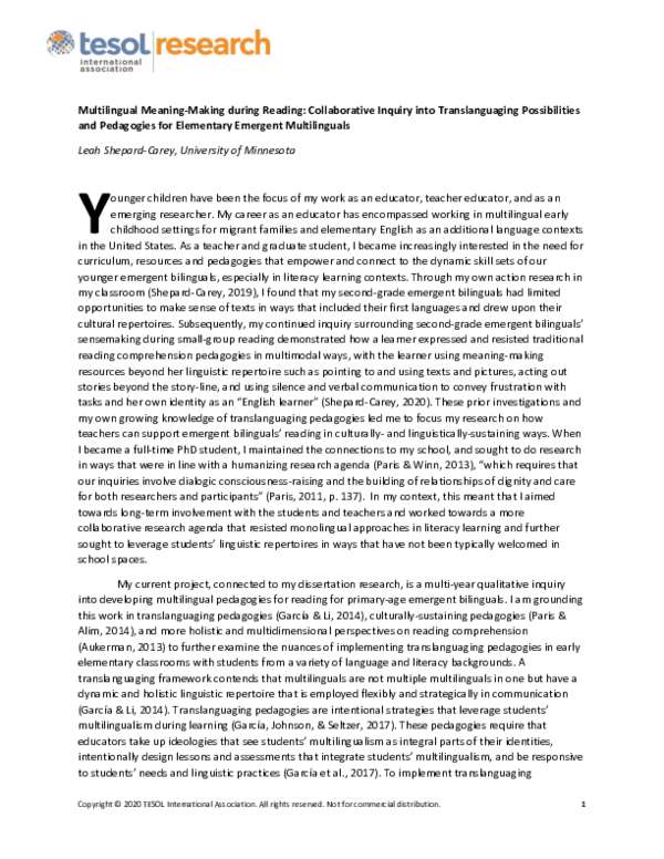 (PDF) Multilingual Meaning-Making during Reading: Collaborative Inquiry ...