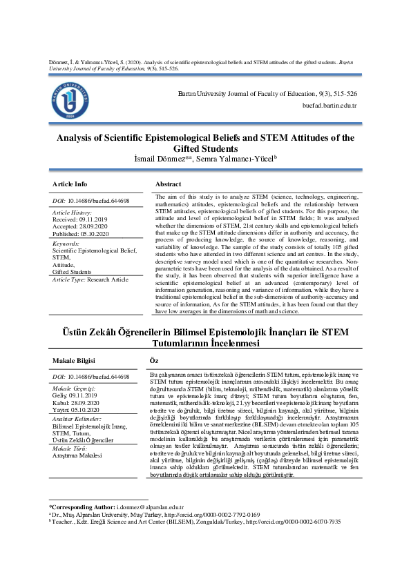 (PDF) Analysis of scientific epistemological beliefs and STEM attitudes ...