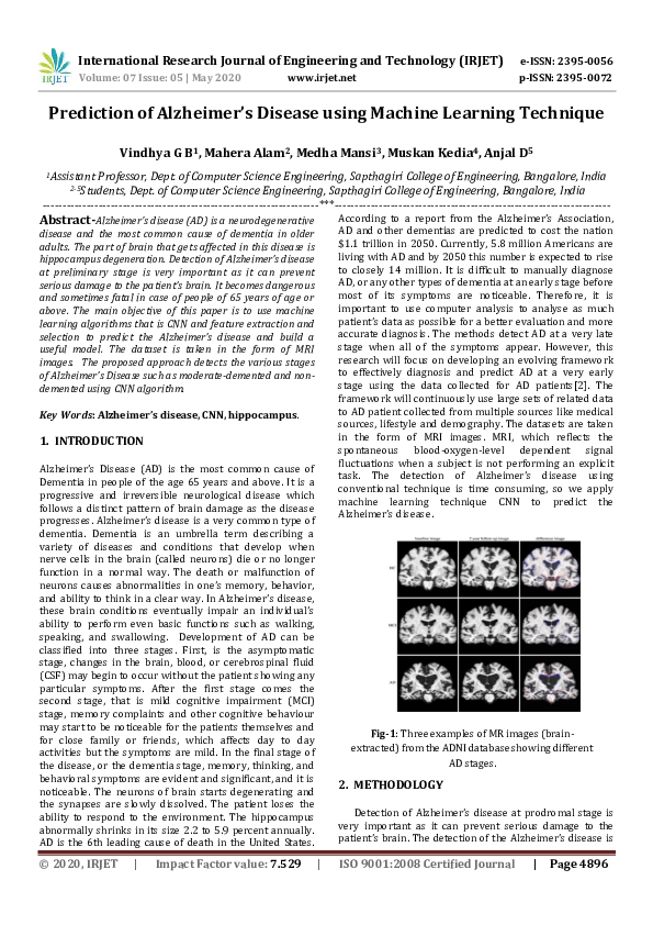 (PDF) IRJET- Prediction of Alzheimer's Disease using Machine Learning ...