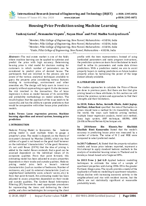 (PDF) IRJET- Housing Price Prediction using Machine Learning