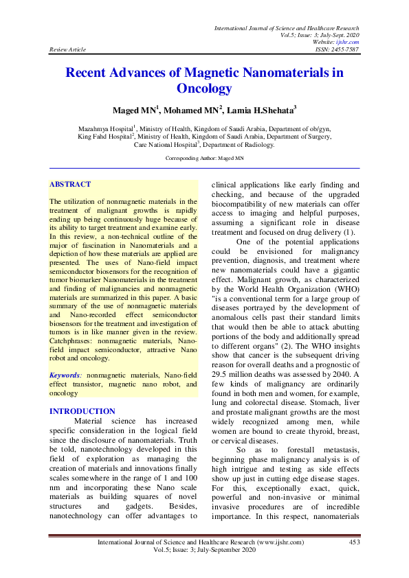 (PDF) Recent Advances of Magnetic Nanomaterials in Oncology