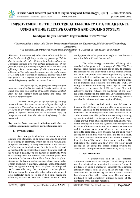 (PDF) IRJET- IMPROVEMENT OF THE ELECTRICAL EFFICIENCY OF A SOLAR PANEL ...