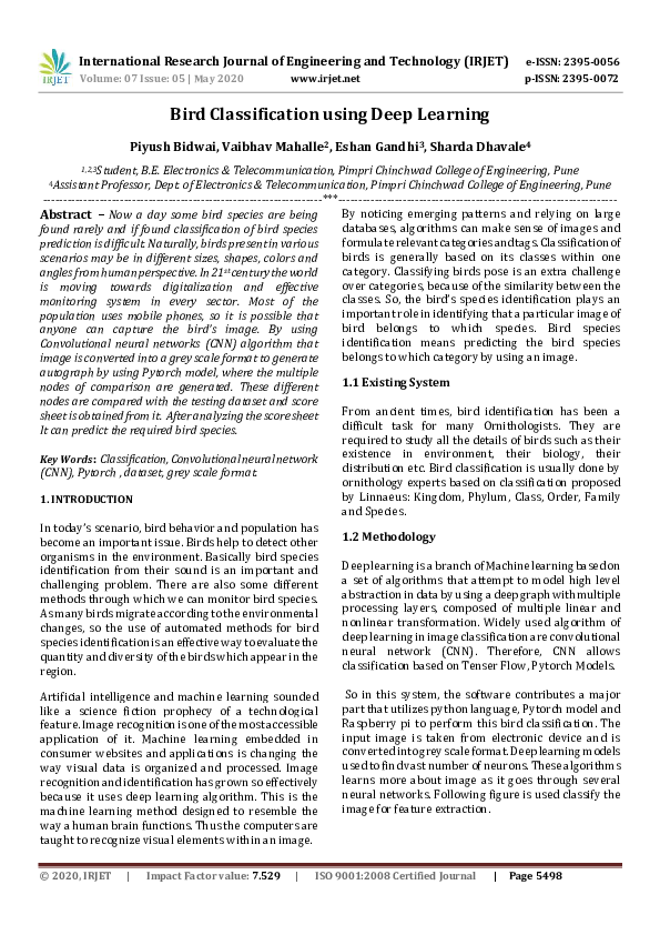 (PDF) IRJET- Bird Classification using Deep Learning